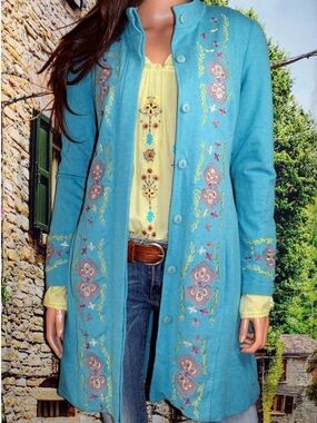 Sundance Turquoise Embroidered Long Cardigan